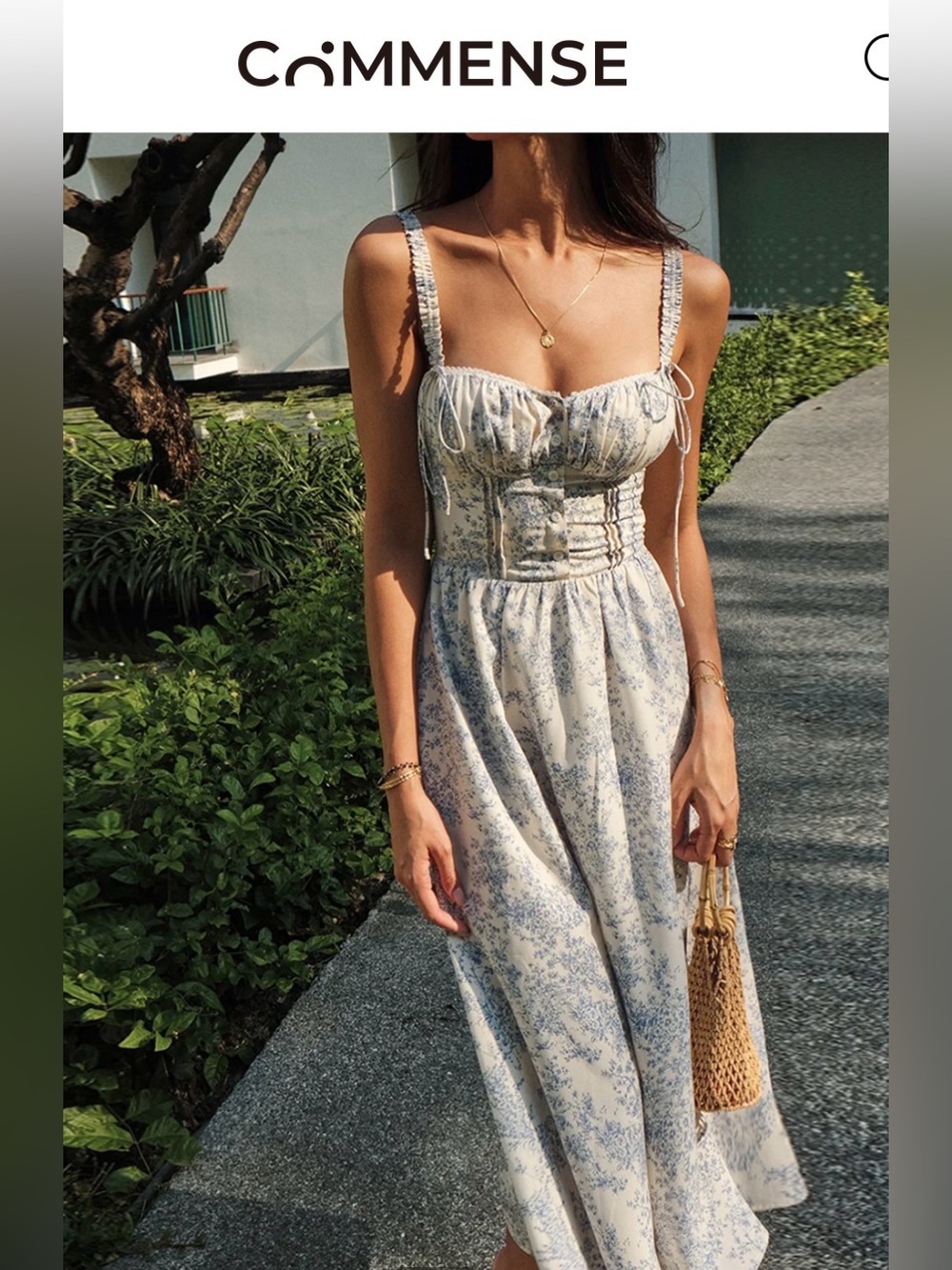 Commense Cream and Blue Floral Maxi Dress with Corset Bodice